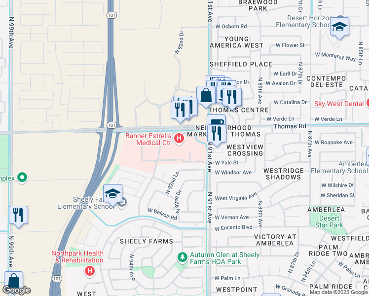 map of restaurants, bars, coffee shops, grocery stores, and more near 9201 West Thomas Road in Phoenix