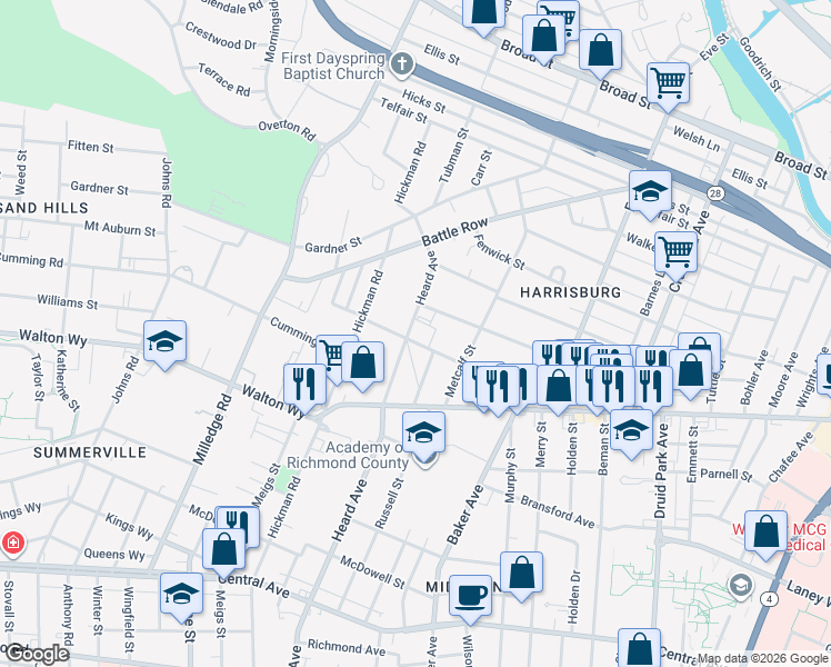 map of restaurants, bars, coffee shops, grocery stores, and more near 2083 Heckle Street in Augusta