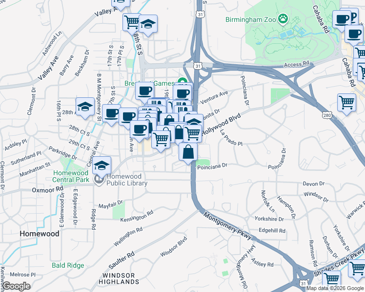 map of restaurants, bars, coffee shops, grocery stores, and more near in Homewood