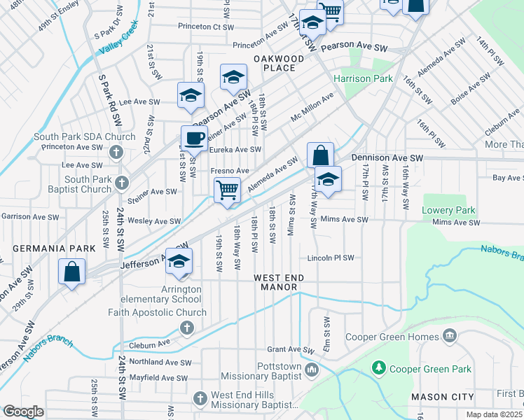 map of restaurants, bars, coffee shops, grocery stores, and more near 1813 Jefferson Avenue Southwest in Birmingham