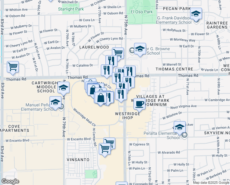 map of restaurants, bars, coffee shops, grocery stores, and more near 76th in Phoenix