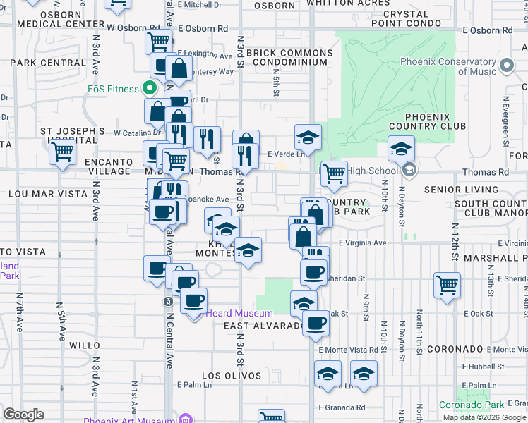 map of restaurants, bars, coffee shops, grocery stores, and more near 332 East Windsor Avenue in Phoenix