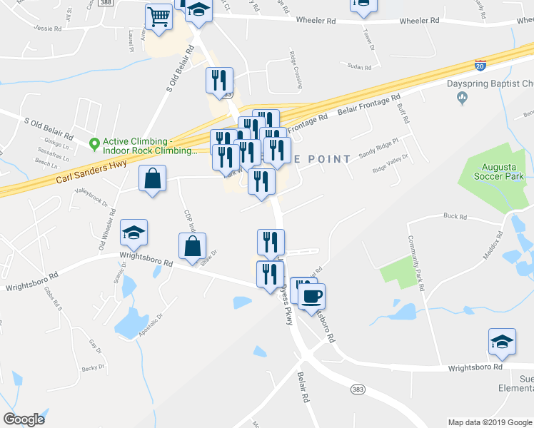 map of restaurants, bars, coffee shops, grocery stores, and more near 4071 Jimmie Dyess Parkway in Augusta