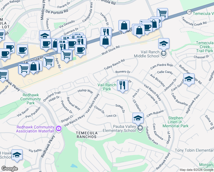 map of restaurants, bars, coffee shops, grocery stores, and more near 32965 Harmony Lane in Temecula