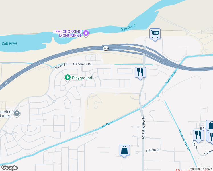 map of restaurants, bars, coffee shops, grocery stores, and more near 3319 East Riverdale Street in Mesa