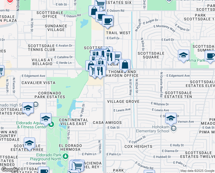 map of restaurants, bars, coffee shops, grocery stores, and more near 2635 North Hayden Road in Scottsdale