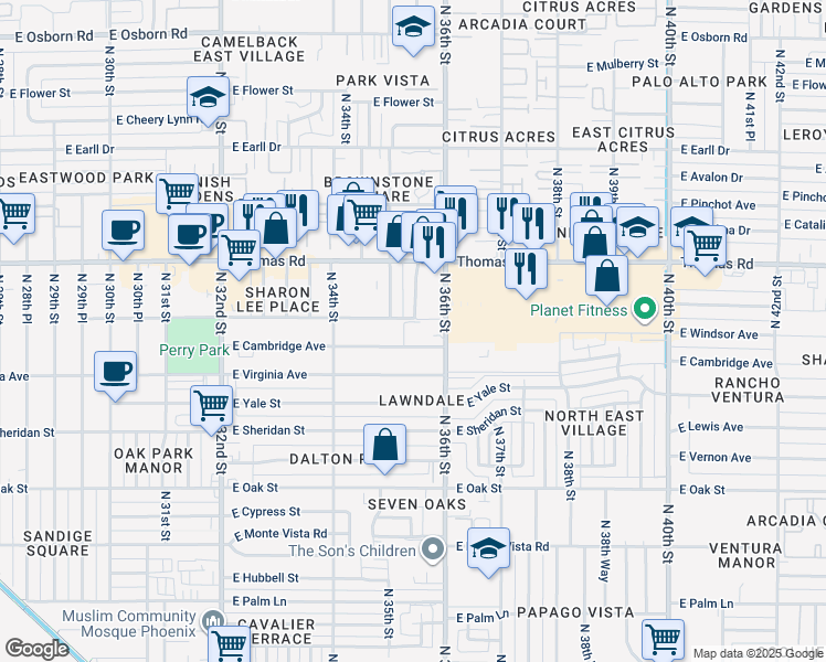 map of restaurants, bars, coffee shops, grocery stores, and more near 2801 North 35th Place in Phoenix