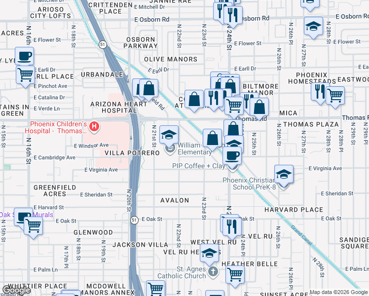 map of restaurants, bars, coffee shops, grocery stores, and more near 2834 North Greenfield Road in Phoenix