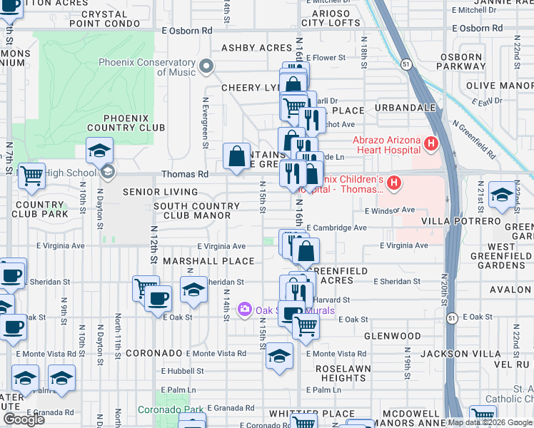 map of restaurants, bars, coffee shops, grocery stores, and more near 1433 East Windsor Avenue in Phoenix