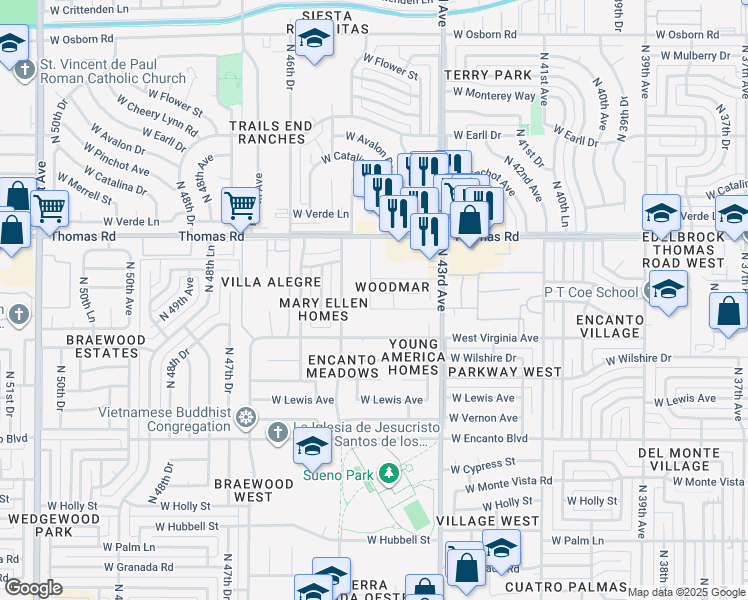 map of restaurants, bars, coffee shops, grocery stores, and more near 2806 North 43rd Avenue in Phoenix
