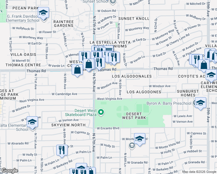 map of restaurants, bars, coffee shops, grocery stores, and more near 6602 West Windsor Avenue in Phoenix