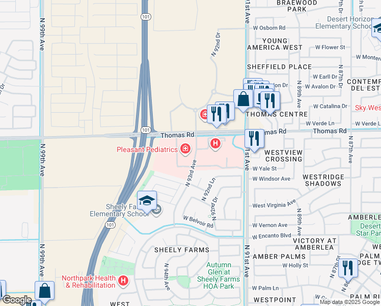 map of restaurants, bars, coffee shops, grocery stores, and more near 9301 North 93rd Avenue in Phoenix