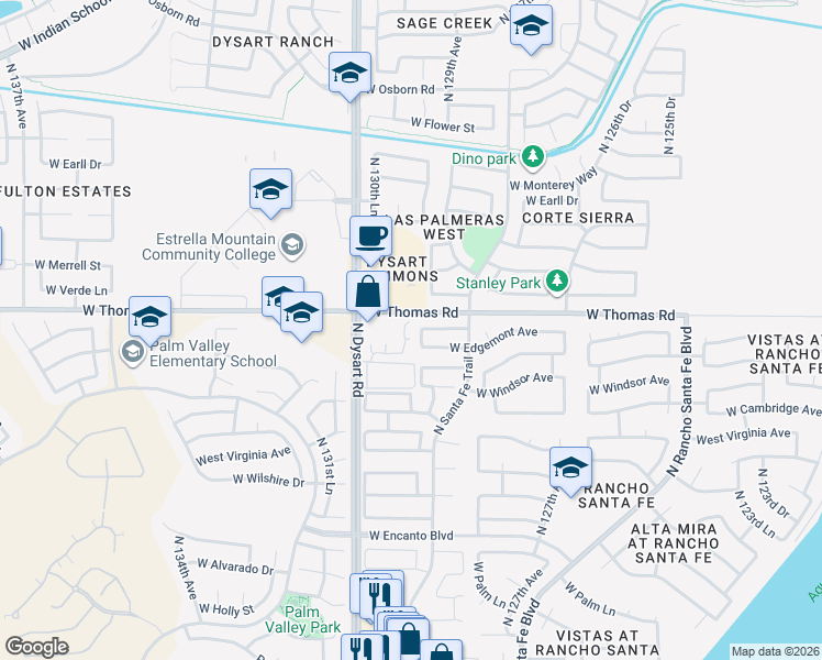 map of restaurants, bars, coffee shops, grocery stores, and more near 13045-13055 West Thomas Road in Avondale