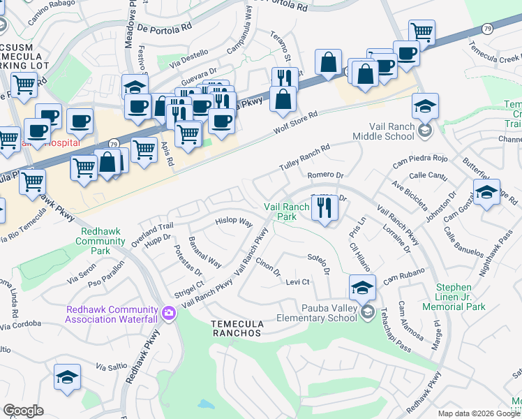 map of restaurants, bars, coffee shops, grocery stores, and more near 44641 Alighchi Way in Temecula