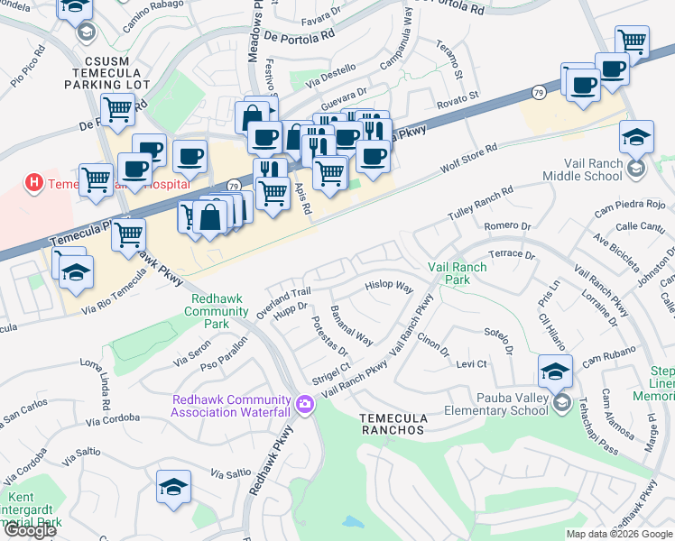 map of restaurants, bars, coffee shops, grocery stores, and more near 32565 Vail Creek Drive in Temecula