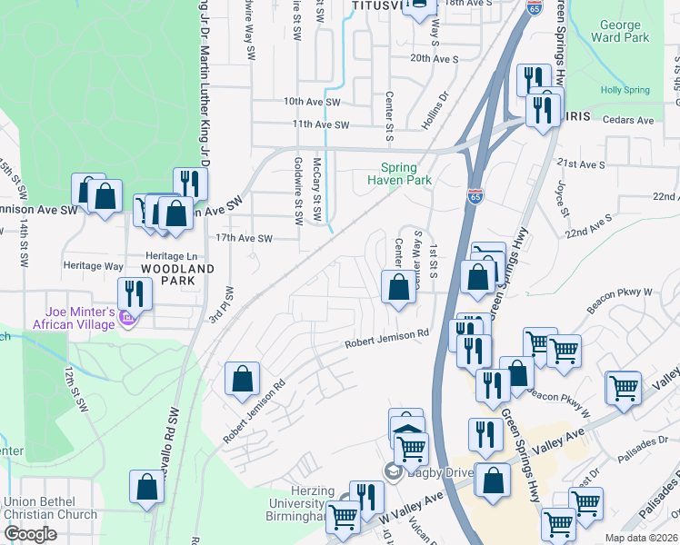 map of restaurants, bars, coffee shops, grocery stores, and more near 1700 Aspen Run in Birmingham