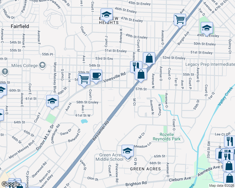map of restaurants, bars, coffee shops, grocery stores, and more near 5705 Monte Sano Road in Birmingham
