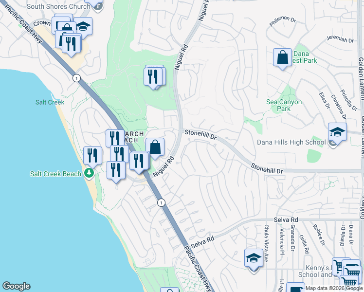 map of restaurants, bars, coffee shops, grocery stores, and more near 33391 Periwinkle Drive in Dana Point