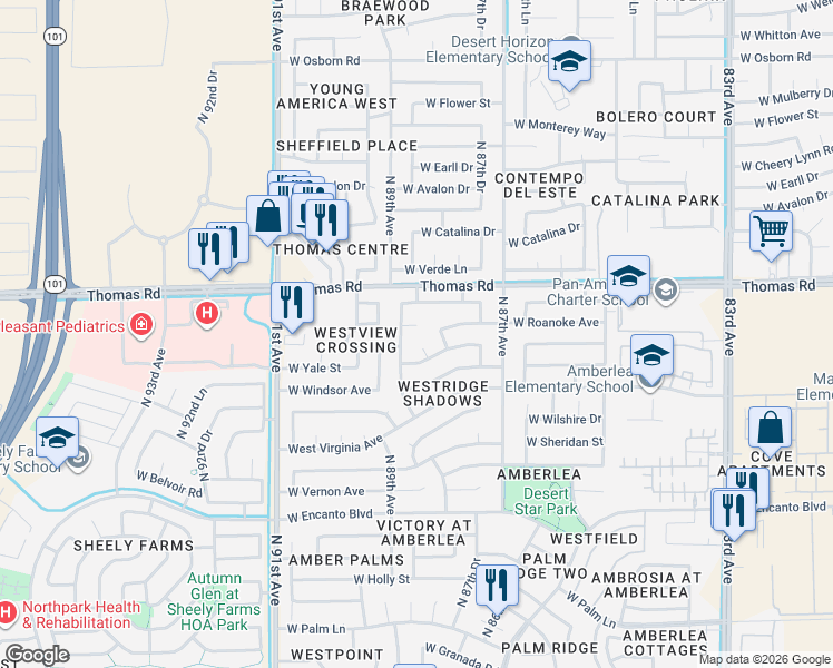 map of restaurants, bars, coffee shops, grocery stores, and more near 8810 West Roanoke Avenue in Phoenix