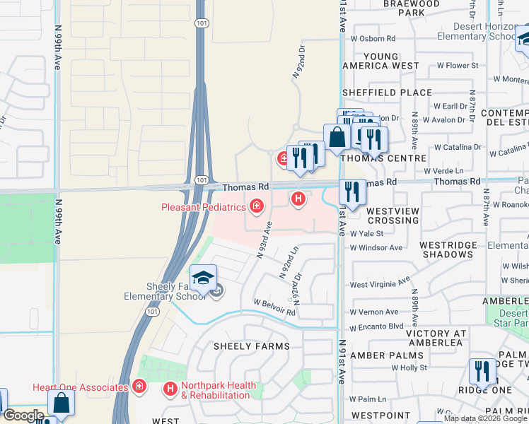 map of restaurants, bars, coffee shops, grocery stores, and more near 9305 West Thomas Road in Phoenix