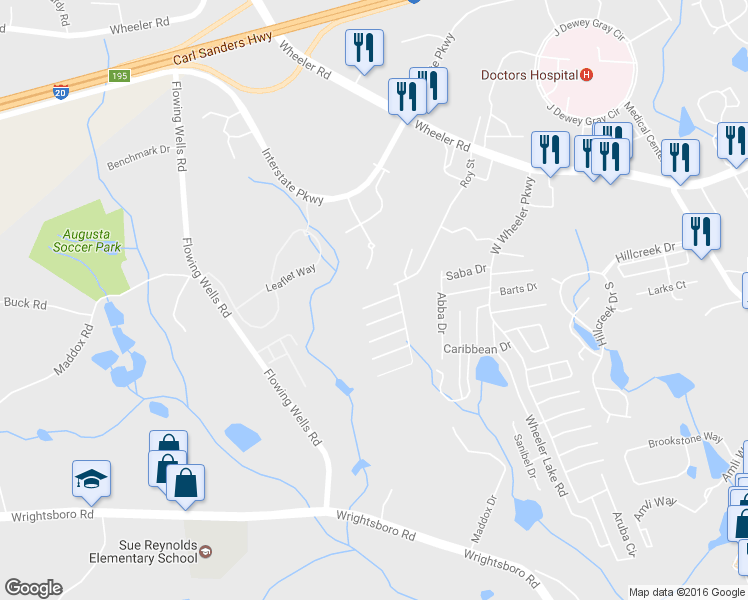 map of restaurants, bars, coffee shops, grocery stores, and more near 1527 Abby Way in Augusta