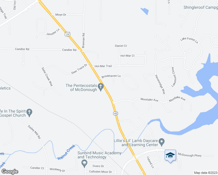 map of restaurants, bars, coffee shops, grocery stores, and more near 326 Pinestream Circle in McDonough