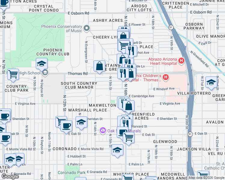 map of restaurants, bars, coffee shops, grocery stores, and more near 1433 East Windsor Avenue in Phoenix