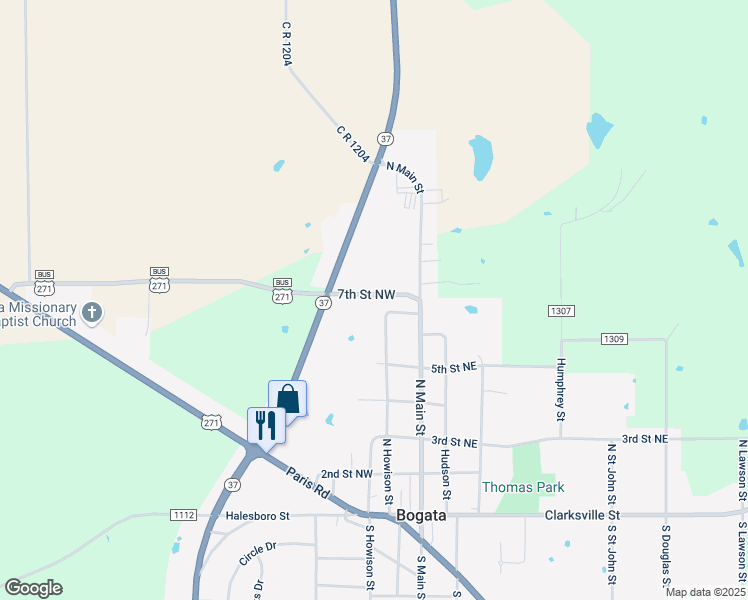 map of restaurants, bars, coffee shops, grocery stores, and more near 229 7th Street Northwest in Bogata