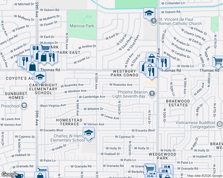 map of restaurants, bars, coffee shops, grocery stores, and more near 5429 West Roanoke Avenue in Phoenix