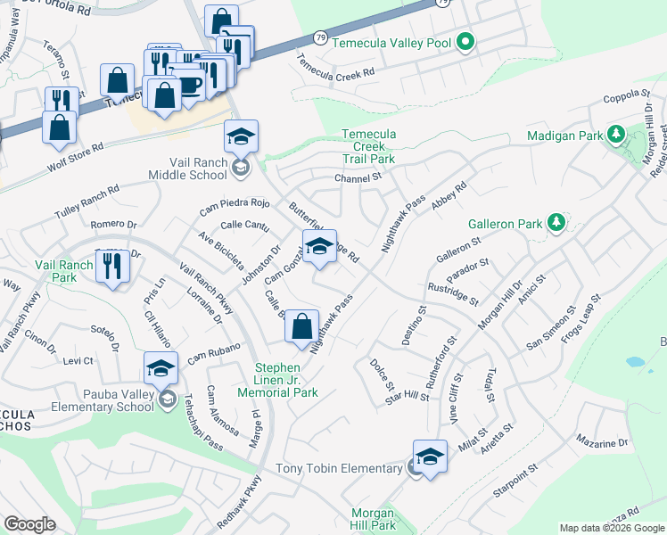 map of restaurants, bars, coffee shops, grocery stores, and more near 44611 Brentwood Place in Temecula