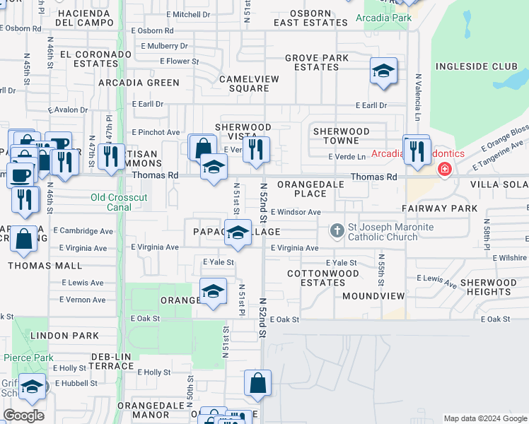 map of restaurants, bars, coffee shops, grocery stores, and more near N 52nd St & E Windsor Ave in Phoenix