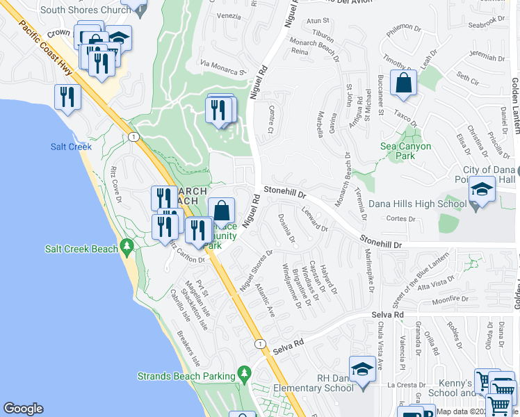 map of restaurants, bars, coffee shops, grocery stores, and more near 33391 Periwinkle Drive in Dana Point