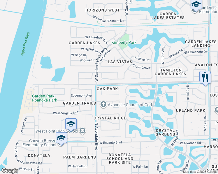 map of restaurants, bars, coffee shops, grocery stores, and more near 11430 West La Reata Avenue in Avondale