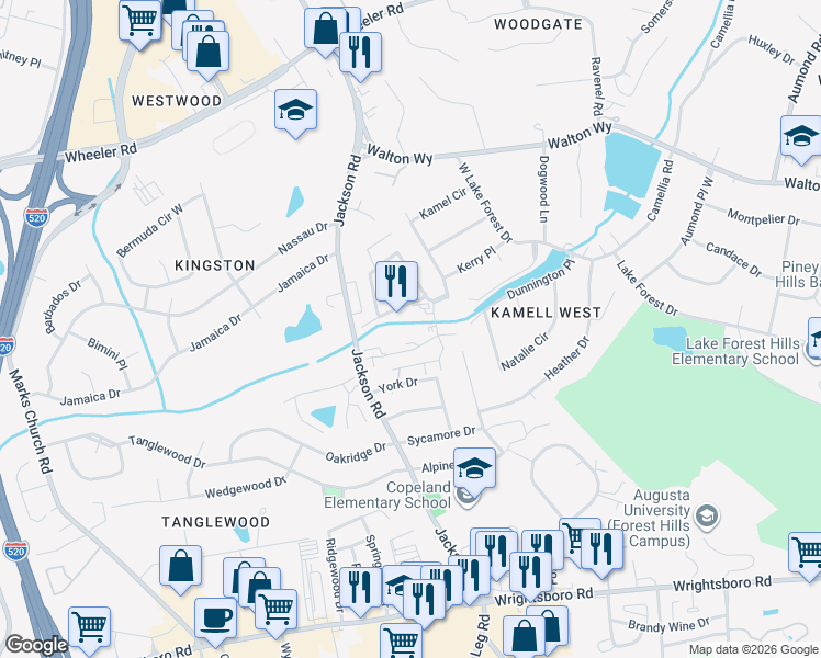 map of restaurants, bars, coffee shops, grocery stores, and more near 3206 West Wimbledon Drive in Augusta