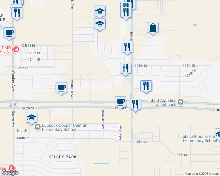 map of restaurants, bars, coffee shops, grocery stores, and more near 3814 130th Street in Lubbock