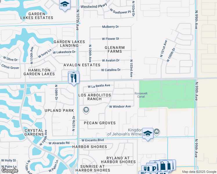 map of restaurants, bars, coffee shops, grocery stores, and more near 10517 West La Reata Avenue in Avondale
