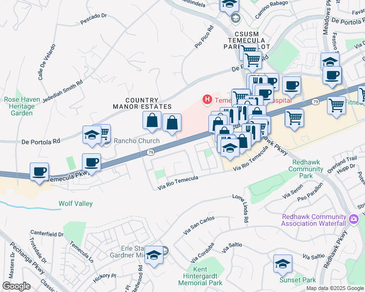 map of restaurants, bars, coffee shops, grocery stores, and more near 31596 Calle Los Padres in Temecula