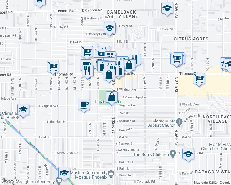 map of restaurants, bars, coffee shops, grocery stores, and more near 2727 North 32nd Street in Phoenix