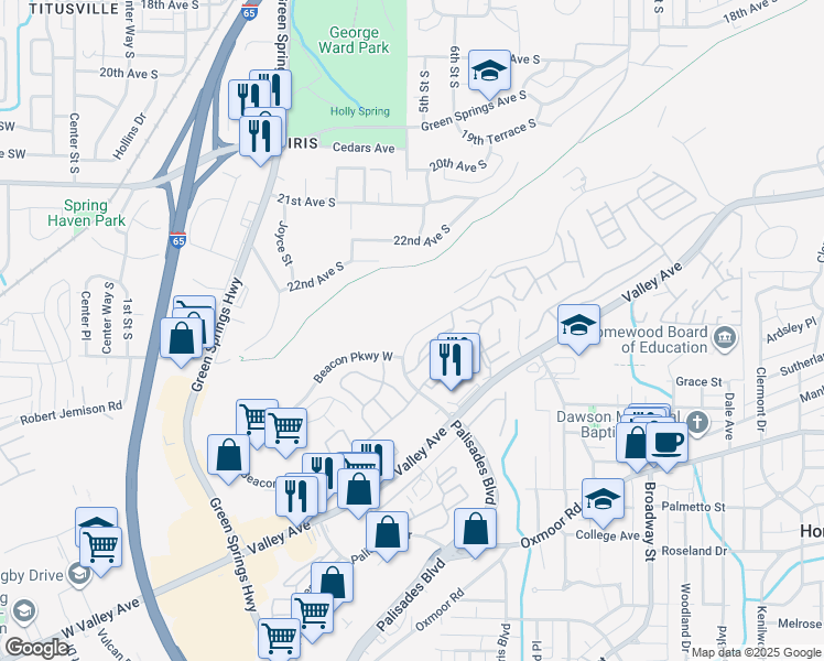 map of restaurants, bars, coffee shops, grocery stores, and more near 858 Beacon Parkway East in Birmingham