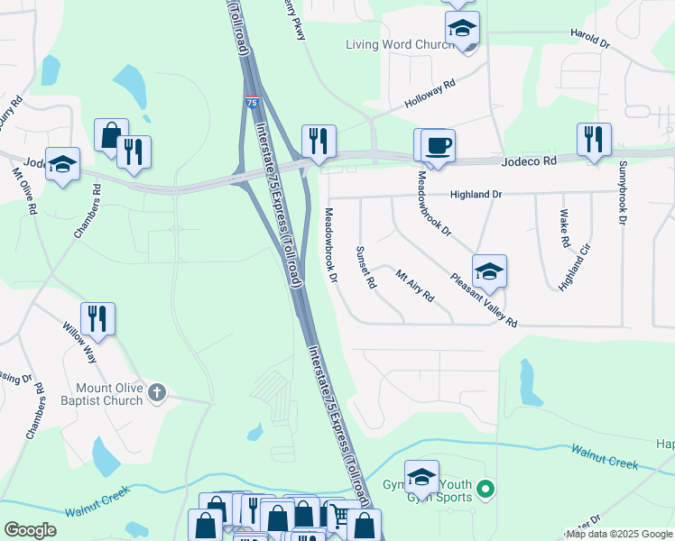 map of restaurants, bars, coffee shops, grocery stores, and more near 105 Meadowbrook Drive in McDonough