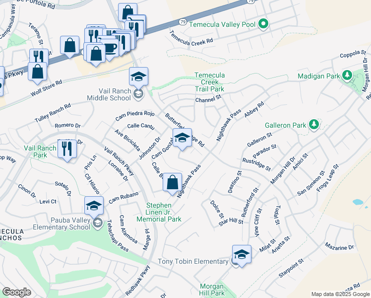 map of restaurants, bars, coffee shops, grocery stores, and more near 44614 Brentwood Place in Temecula