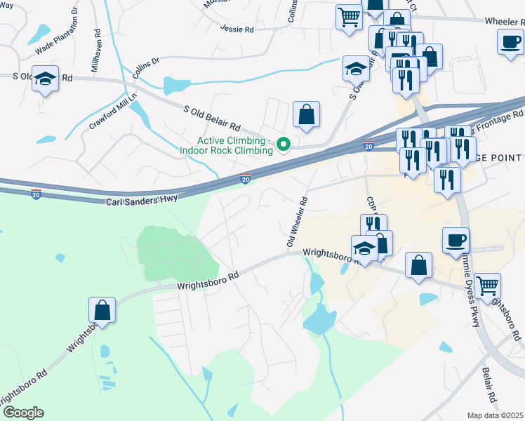 map of restaurants, bars, coffee shops, grocery stores, and more near 1830 Valleybrook Drive in Grovetown