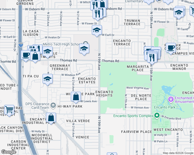 map of restaurants, bars, coffee shops, grocery stores, and more near 1915 West Cambridge Avenue in Phoenix