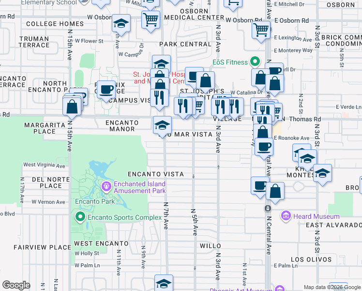 map of restaurants, bars, coffee shops, grocery stores, and more near 521 West Windsor Avenue in Phoenix