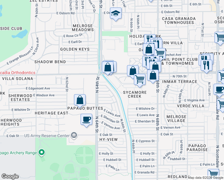map of restaurants, bars, coffee shops, grocery stores, and more near 2737 North 66th Street in Scottsdale
