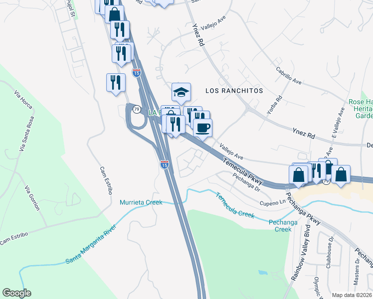 map of restaurants, bars, coffee shops, grocery stores, and more near 44557 La Paz Road in Temecula