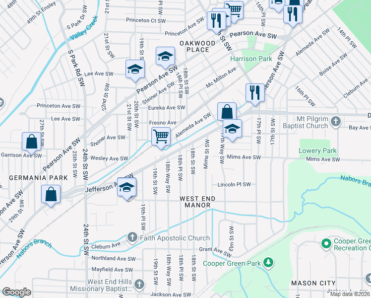 map of restaurants, bars, coffee shops, grocery stores, and more near 1813 Jefferson Avenue Southwest in Birmingham