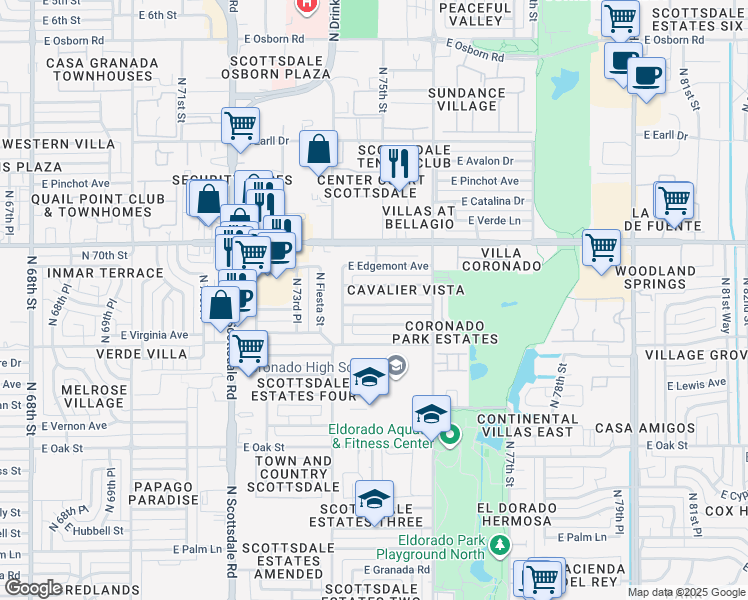 map of restaurants, bars, coffee shops, grocery stores, and more near 7502 East Cambridge Avenue in Scottsdale