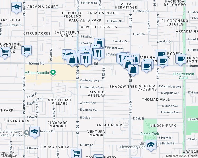 map of restaurants, bars, coffee shops, grocery stores, and more near 4140 East Windsor Avenue in Phoenix