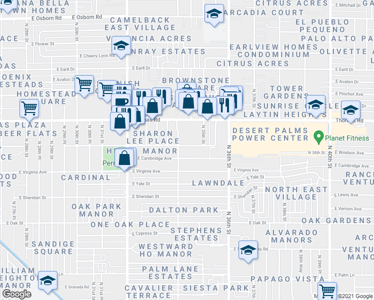 map of restaurants, bars, coffee shops, grocery stores, and more near 3411 East Windsor Avenue in Phoenix